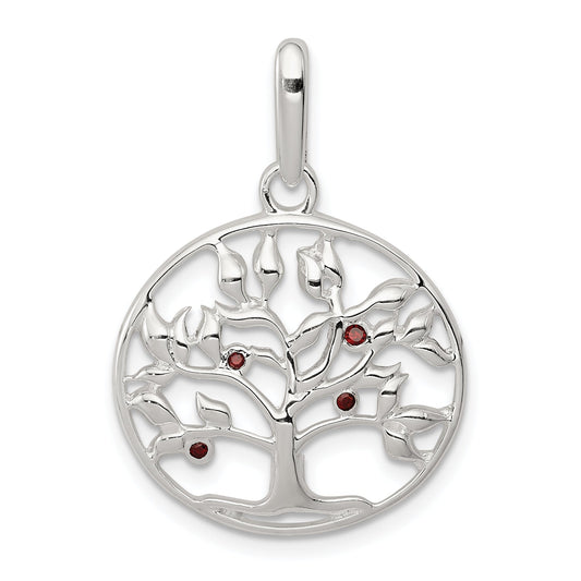Sterling Silver Polished Red Cz Tree Circle Pendant