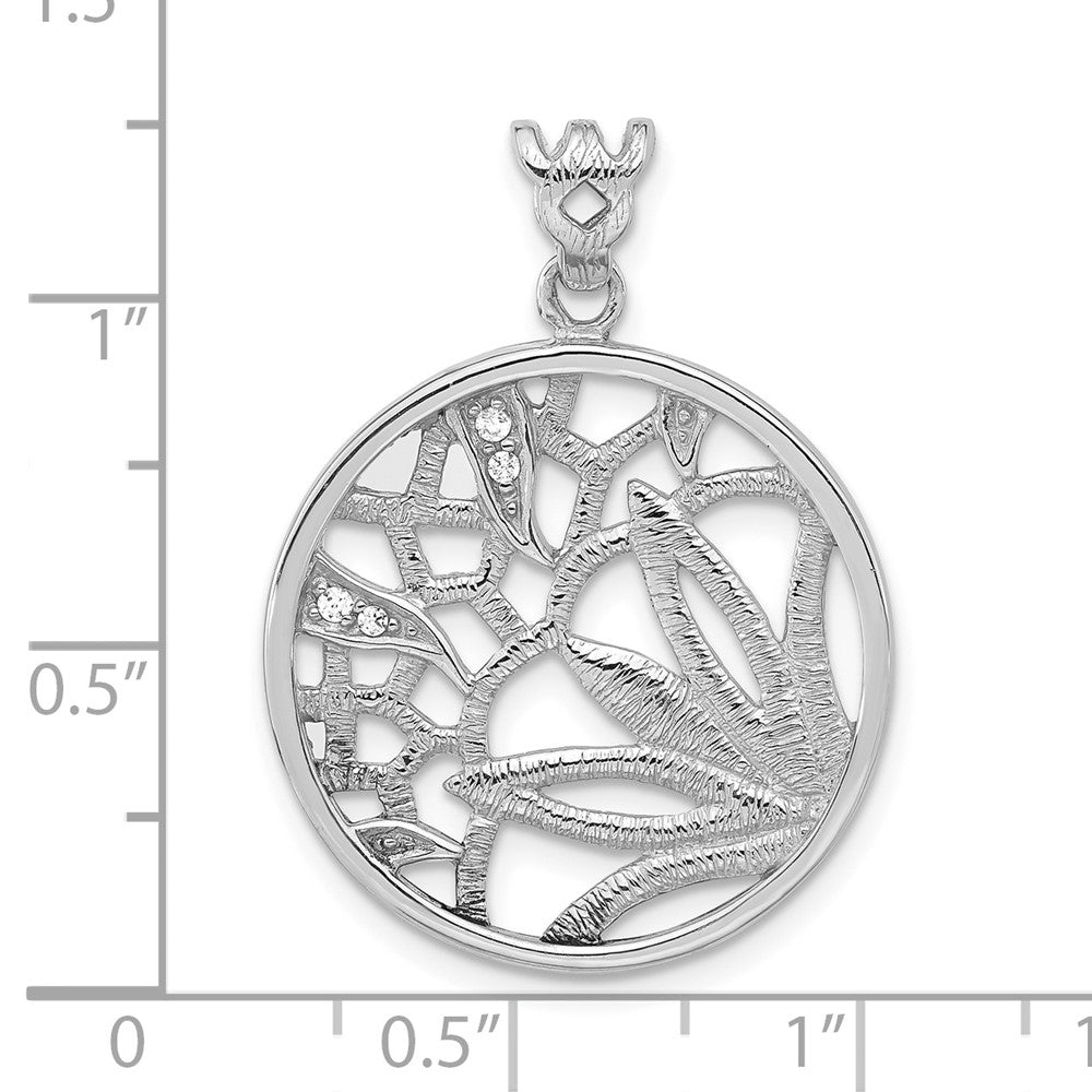 Sterling Silver Rhodium-Plated Textured Cz Floral Circle Pendant