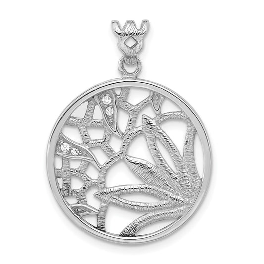 Sterling Silver Rhodium-Plated Textured Cz Floral Circle Pendant