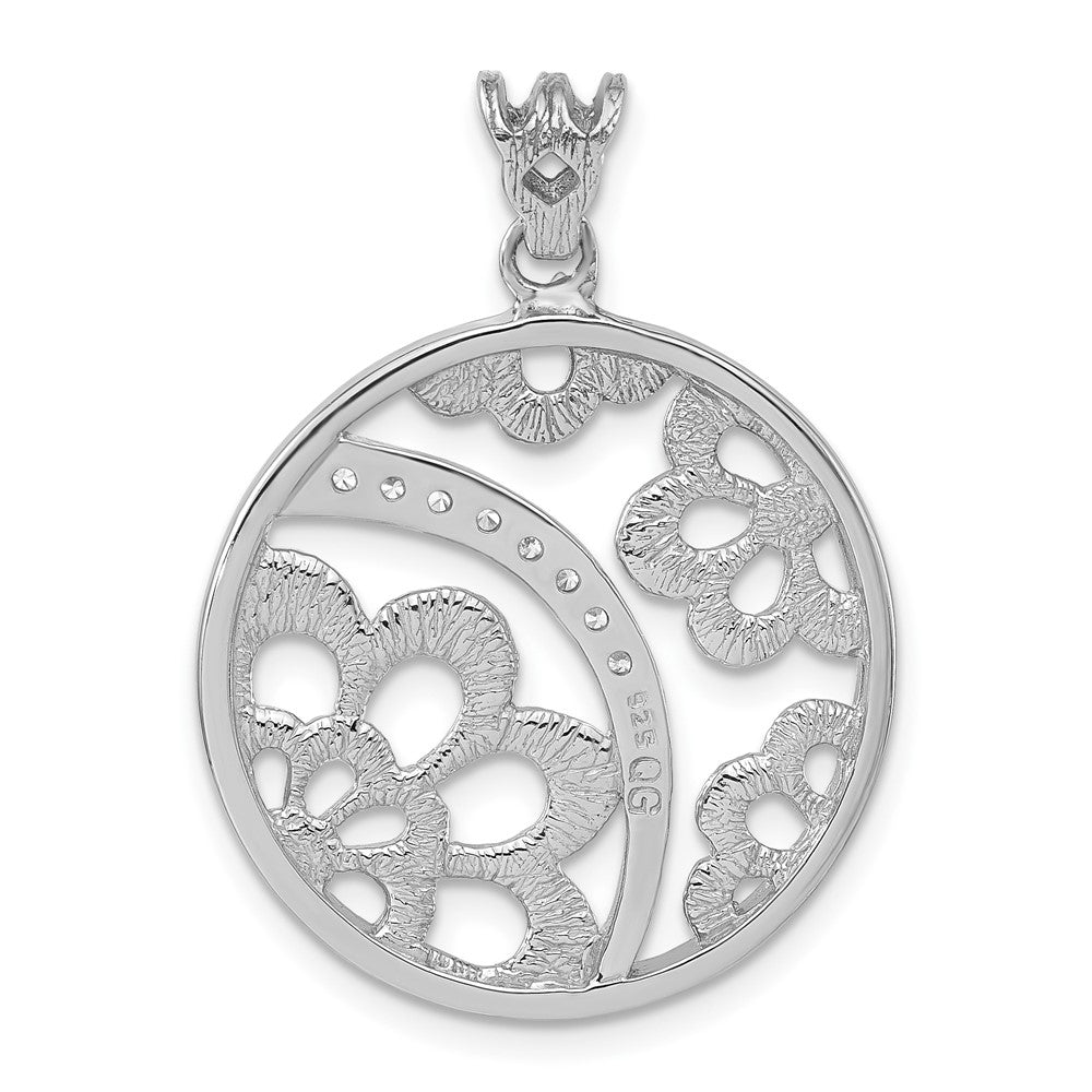Sterling Silver Rhodium-Plated Textured Cz Floral Circle Pendant