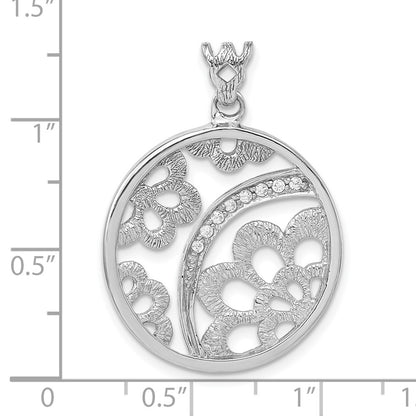 Sterling Silver Rhodium-Plated Textured Cz Floral Circle Pendant