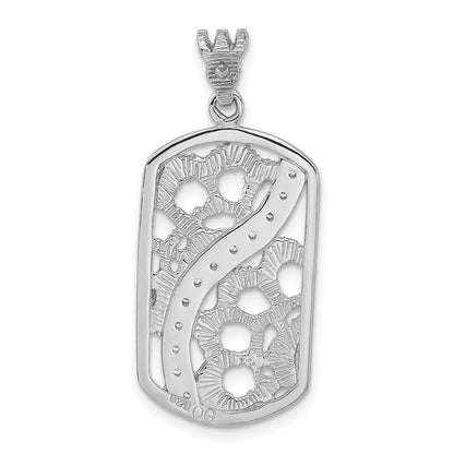 Sterling Silver Rhodium-Plated Textured Cz Floral Cut-Out Dogtag Pendant