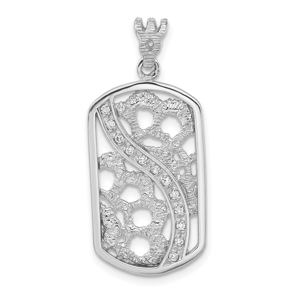 Sterling Silver Rhodium-Plated Textured Cz Floral Cut-Out Dogtag Pendant
