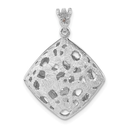 Sterling Silver Rhodium-Plated Textured Crystal Floral Square Pendant