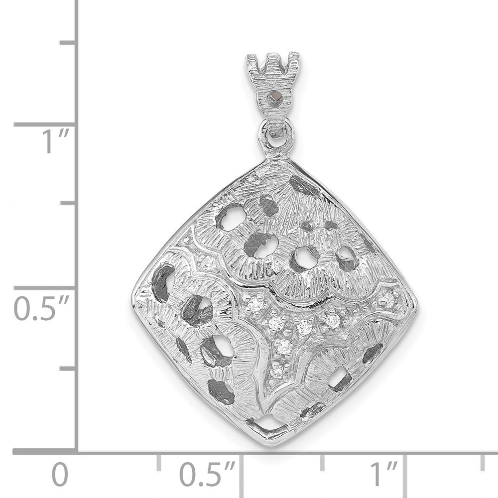 Sterling Silver Rhodium-Plated Textured Crystal Floral Square Pendant