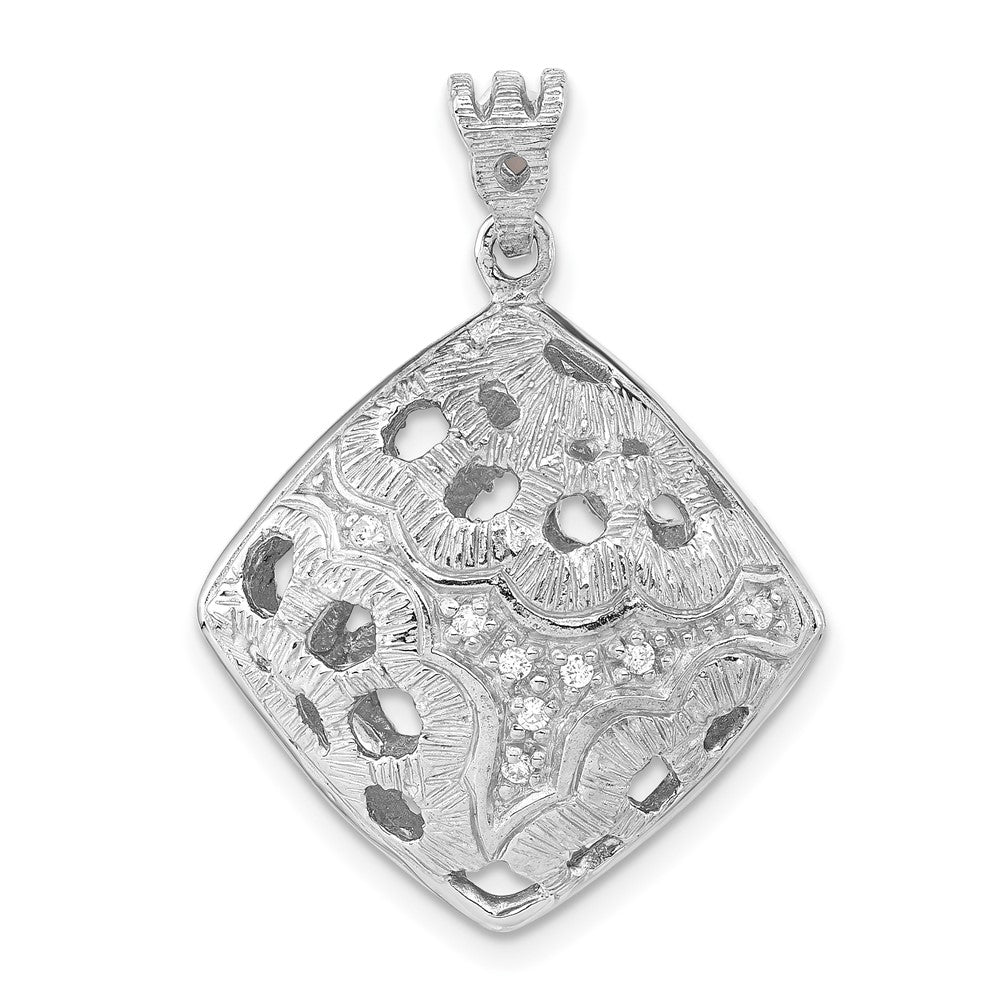 Sterling Silver Rhodium-Plated Textured Crystal Floral Square Pendant