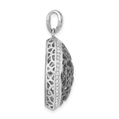 Sterling Silver W/ Black Rhodium Textured Cz Floral Square Pendant