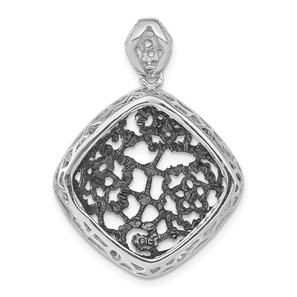 Sterling Silver W/ Black Rhodium Textured Cz Floral Square Pendant