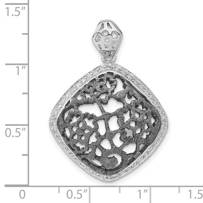 Sterling Silver W/ Black Rhodium Textured Cz Floral Square Pendant