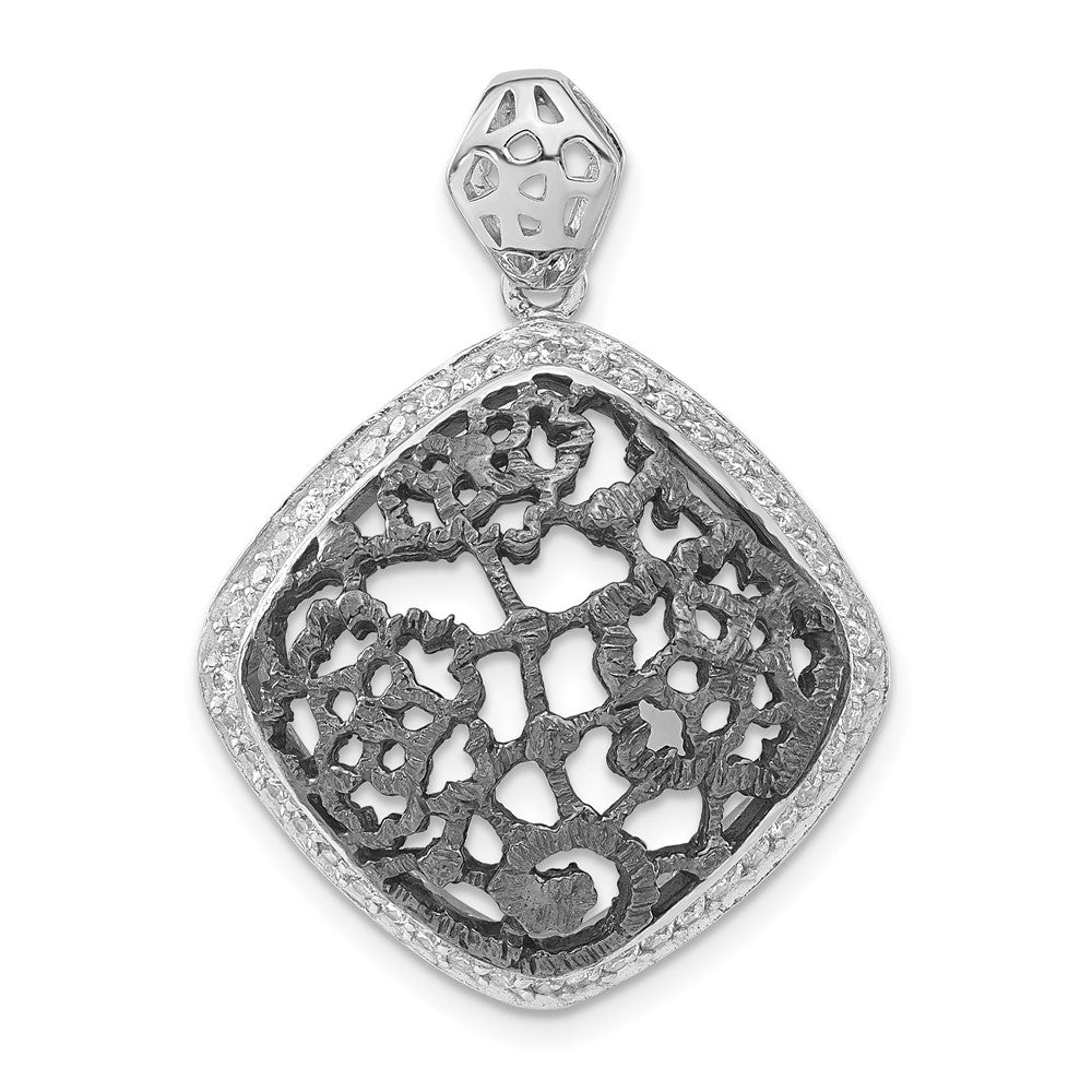 Sterling Silver W/ Black Rhodium Textured Cz Floral Square Pendant