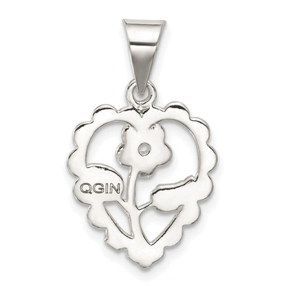 Sterling Silver Polished Mini Floral Center Heart Pendant