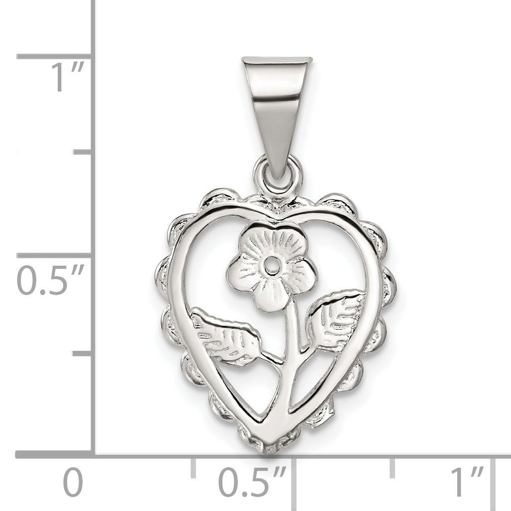 Sterling Silver Polished Mini Floral Center Heart Pendant