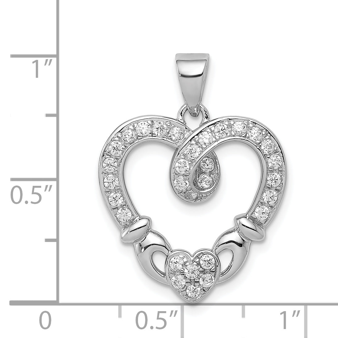 Sterling Silver Rhodium-Plated Cz Heart Claddagh Pendant