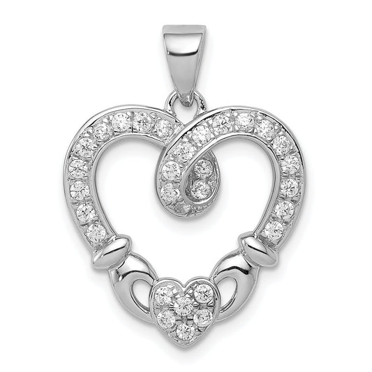 Sterling Silver Rhodium-Plated Cz Heart Claddagh Pendant