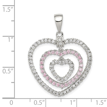 Sterling Silver Rhodium-Plated Polished Pink/White Cz Hearts Pendant