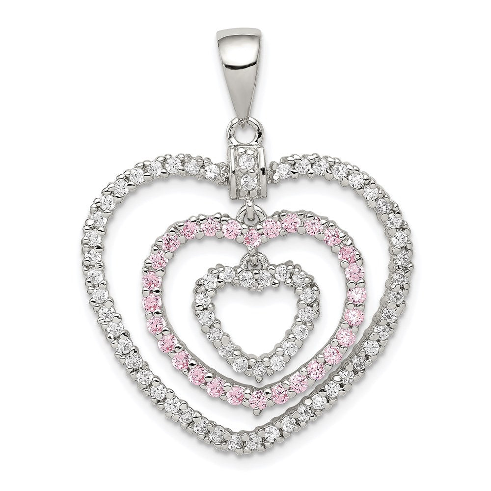 Sterling Silver Rhodium-Plated Polished Pink/White Cz Hearts Pendant