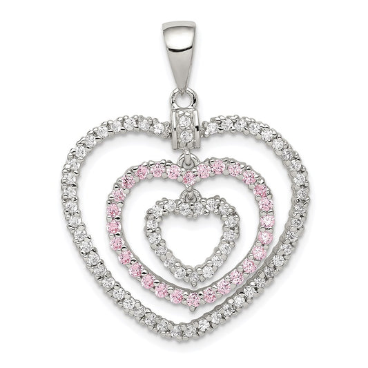 Sterling Silver Rhodium-Plated Polished Pink/White Cz Hearts Pendant