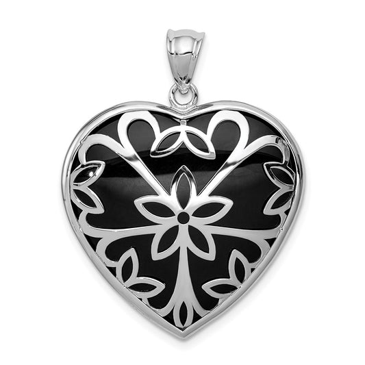 Sterling Silver Rhodium-Plated Filigree Floral Onyx Heart Dangle Pendant