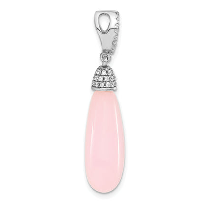 Sterling Silver Polished Cz & Pink Glass Dangle Pendant