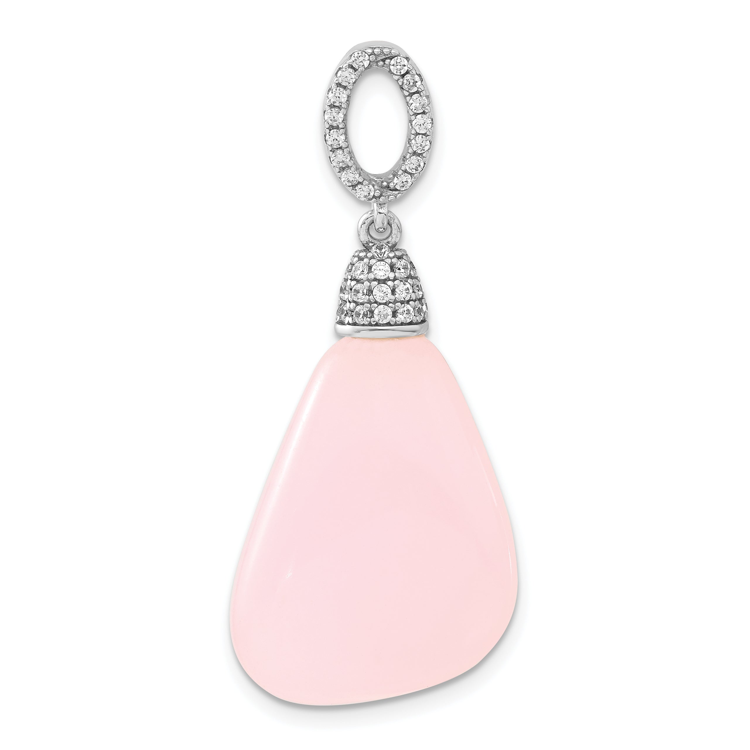 Sterling Silver Polished Cz & Pink Glass Dangle Pendant