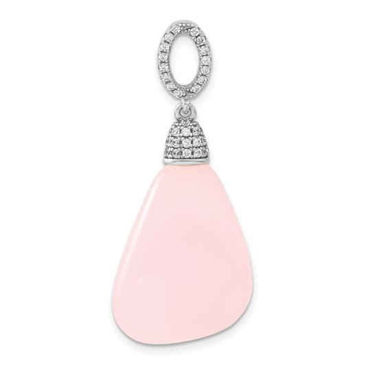 Sterling Silver Polished Cz & Pink Glass Dangle Pendant
