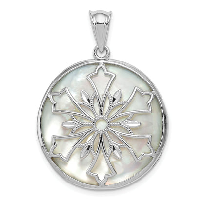 Sterling Silver Rhodium-Plated Snowflake Diamond Cut Mother Of Pearl And Onyx Reversible Pendant