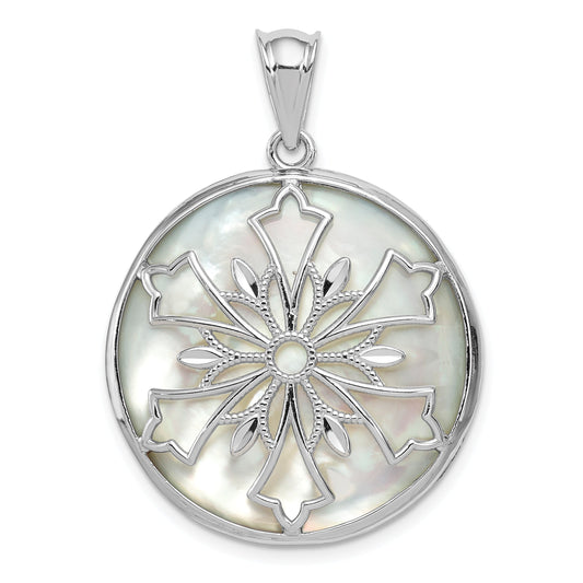 Sterling Silver Rhodium-Plated Snowflake Diamond Cut Mother Of Pearl And Onyx Reversible Pendant