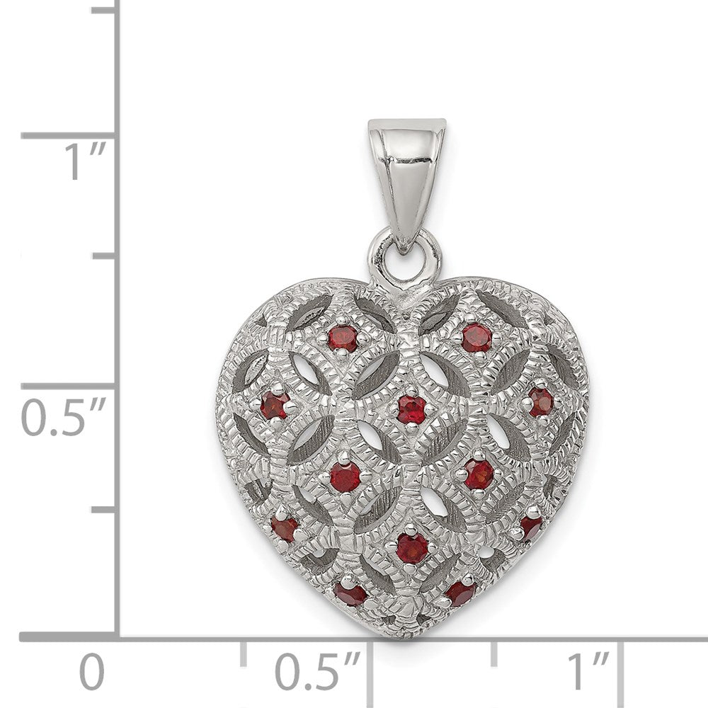 Sterling Silver Rhodium-Plated W/Garnet Heart Pendant