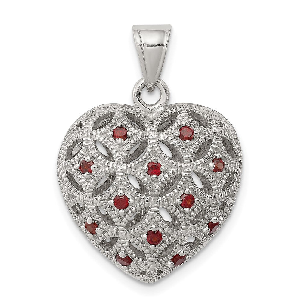 Sterling Silver Rhodium-Plated W/Garnet Heart Pendant