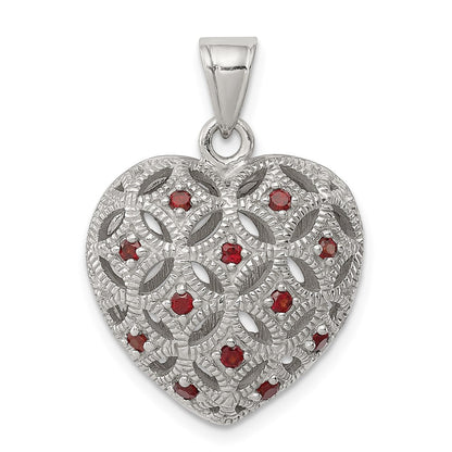 Sterling Silver Rhodium-Plated W/Garnet Heart Pendant