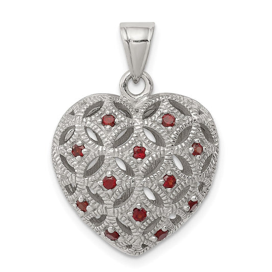 Sterling Silver Rhodium-Plated W/Garnet Heart Pendant
