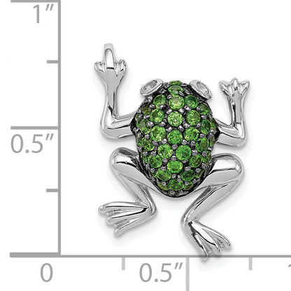 Sterling Silver Rhodium White Topaz & Chrome Diopside Frog Pendant