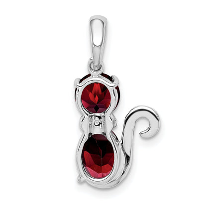 Sterling Silver Rhodium-Plated Garnet And Diamond Cat Pendant