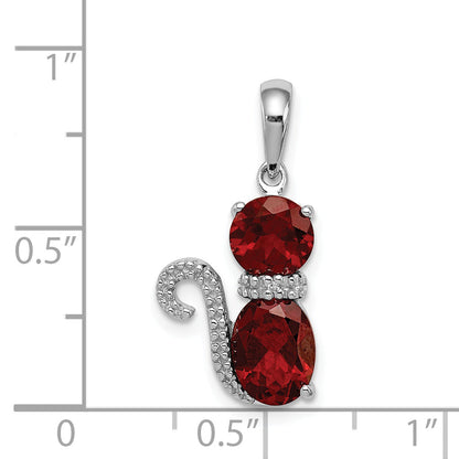 Sterling Silver Rhodium-Plated Garnet And Diamond Cat Pendant