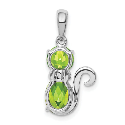 Sterling Silver Rhodium-Plated Peridot And Diamond Cat Pendant