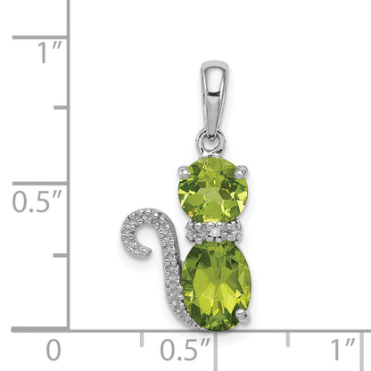 Sterling Silver Rhodium-Plated Peridot And Diamond Cat Pendant