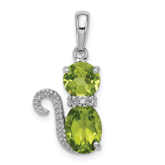 Sterling Silver Rhodium-Plated Peridot And Diamond Cat Pendant