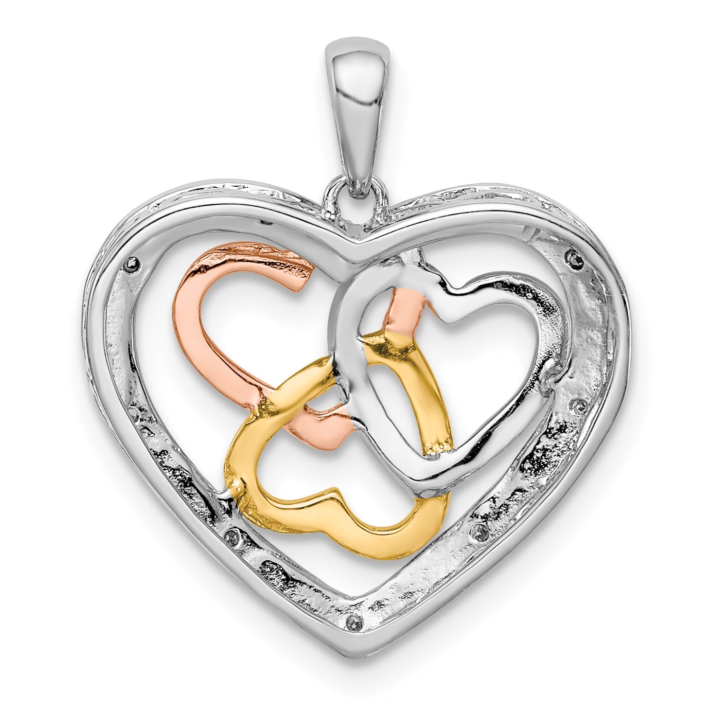 Sterling Silver Rhodium W/White, Yellow, & Rose Gold Plating Diamond Heart Pendant