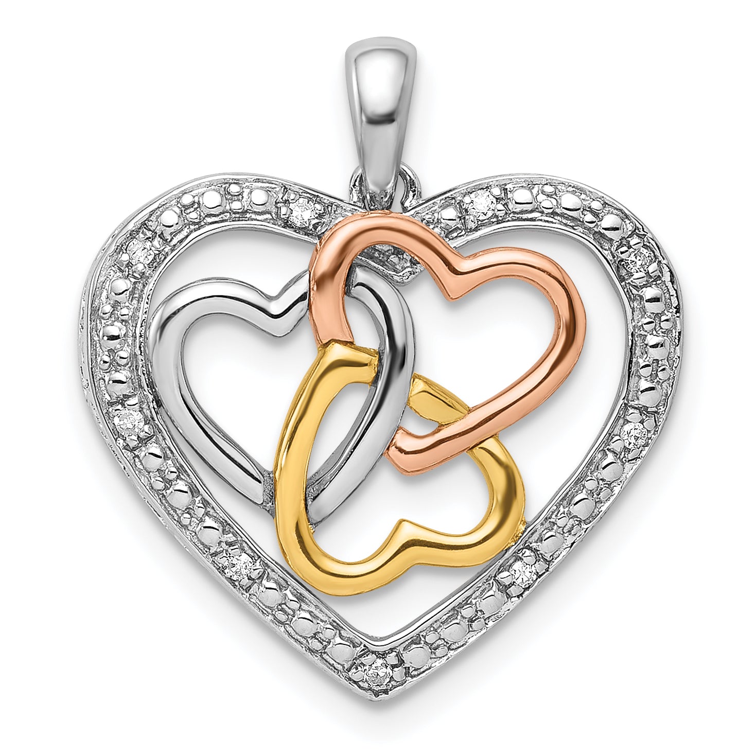 Sterling Silver Rhodium W/White, Yellow, & Rose Gold Plating Diamond Heart Pendant