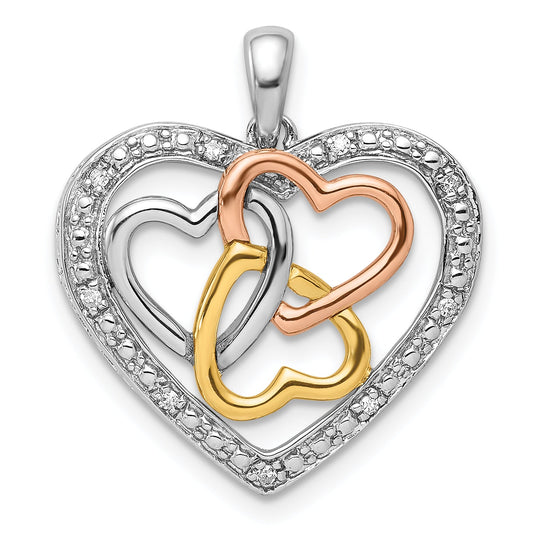 Sterling Silver Rhodium W/White, Yellow, & Rose Gold Plating Diamond Heart Pendant