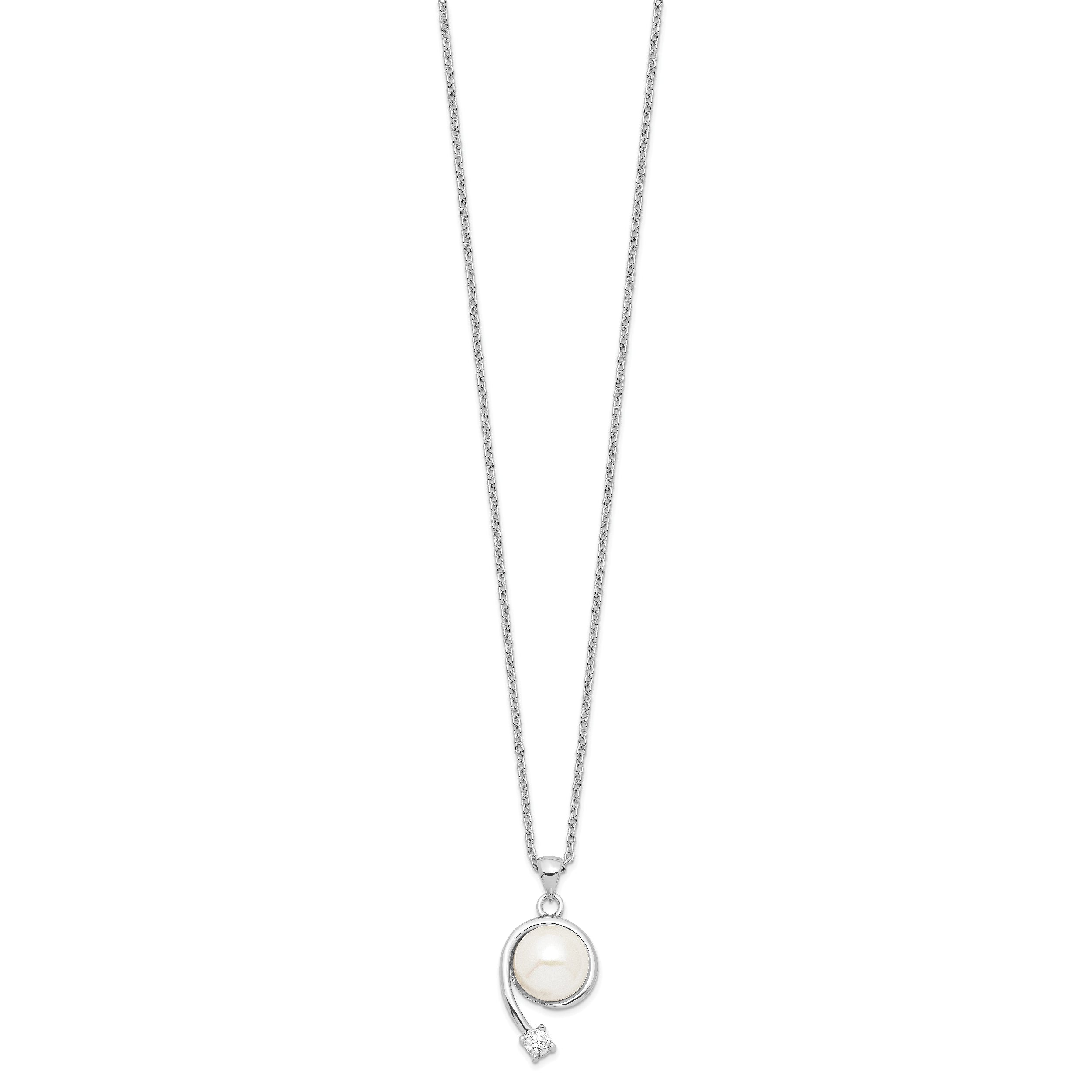 Sterling Silver Rhodium-Plated 8-9mm White Fwc Pearl Cz Pendant Necklace