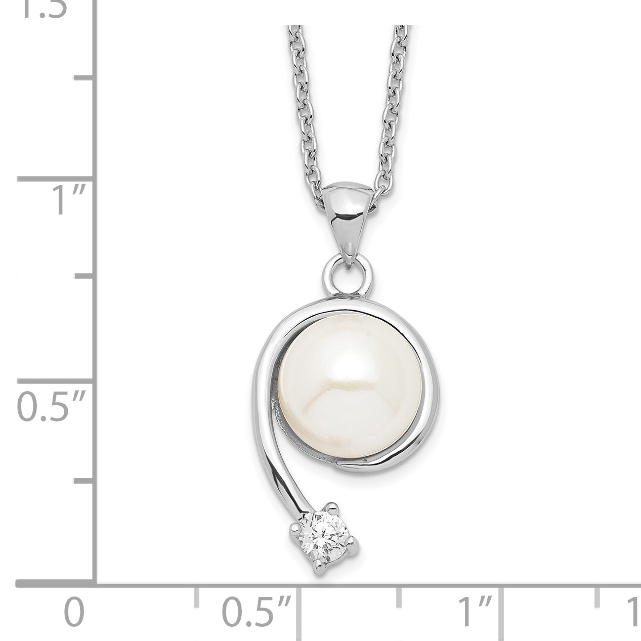 Sterling Silver Rhodium-Plated 8-9mm White Fwc Pearl Cz Pendant Necklace
