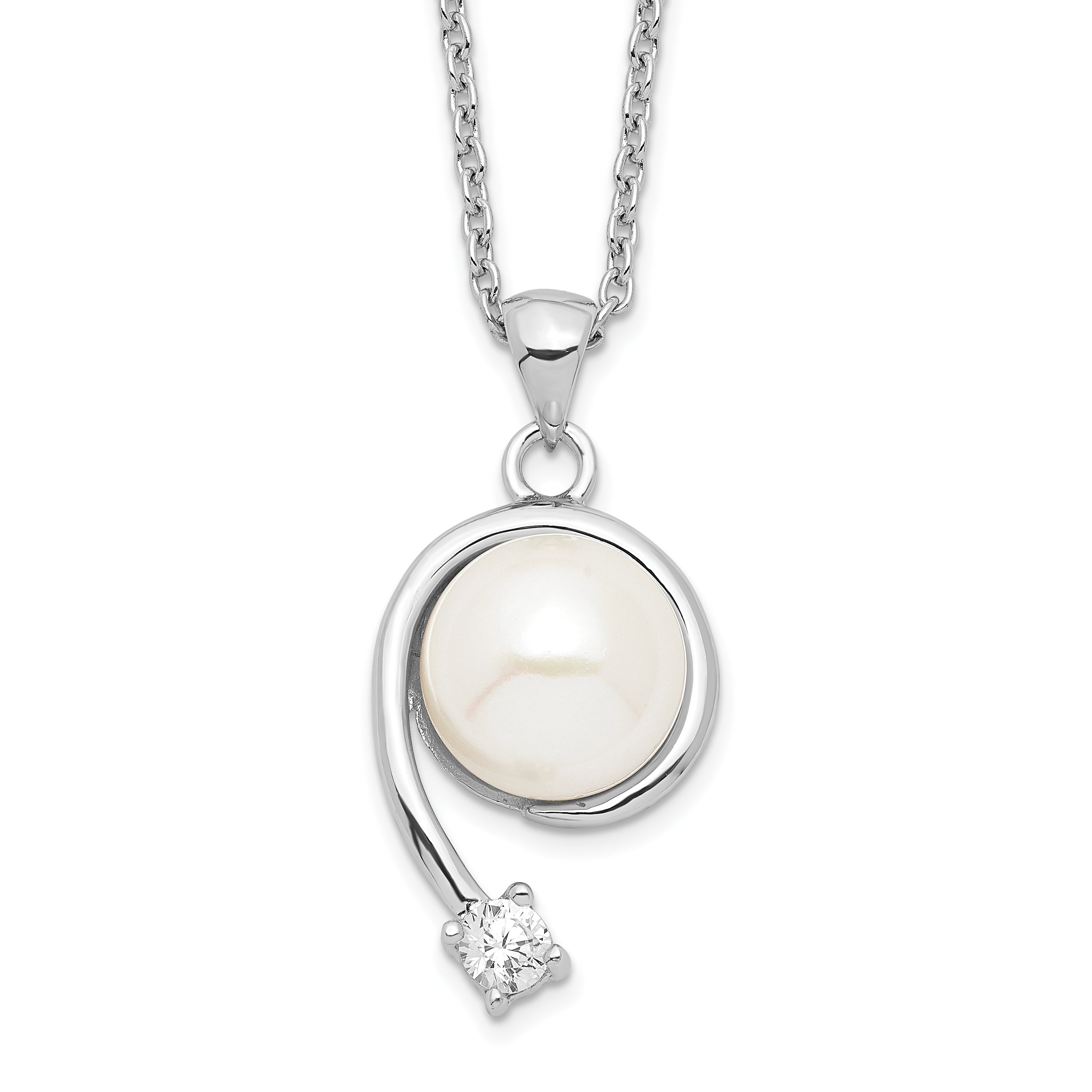 Sterling Silver Rhodium-Plated 8-9mm White Fwc Pearl Cz Pendant Necklace