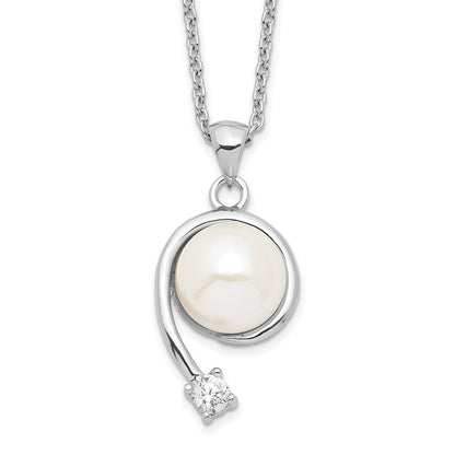 Sterling Silver Rhodium-Plated 8-9mm White Fwc Pearl Cz Pendant Necklace