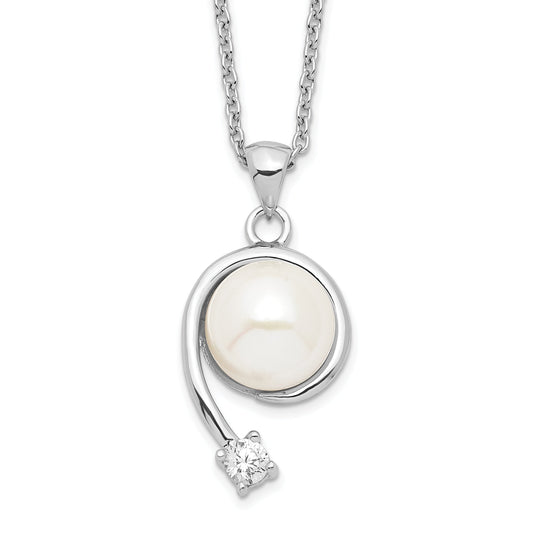 Sterling Silver Rhodium-Plated 8-9mm White Fwc Pearl Cz Pendant Necklace