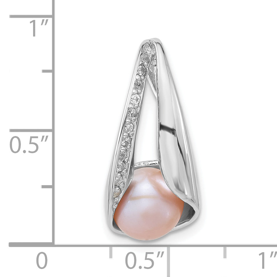 Sterling Silver Polished Cz 8-9mm Freshwater Cultured Button Pink Pearl Pendant