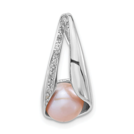 Sterling Silver Polished Cz 8-9mm Freshwater Cultured Button Pink Pearl Pendant