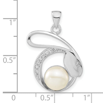 Sterling Silver Polished Cz & 8-9mm Fw Cultured Pearl Rabbit Pendant