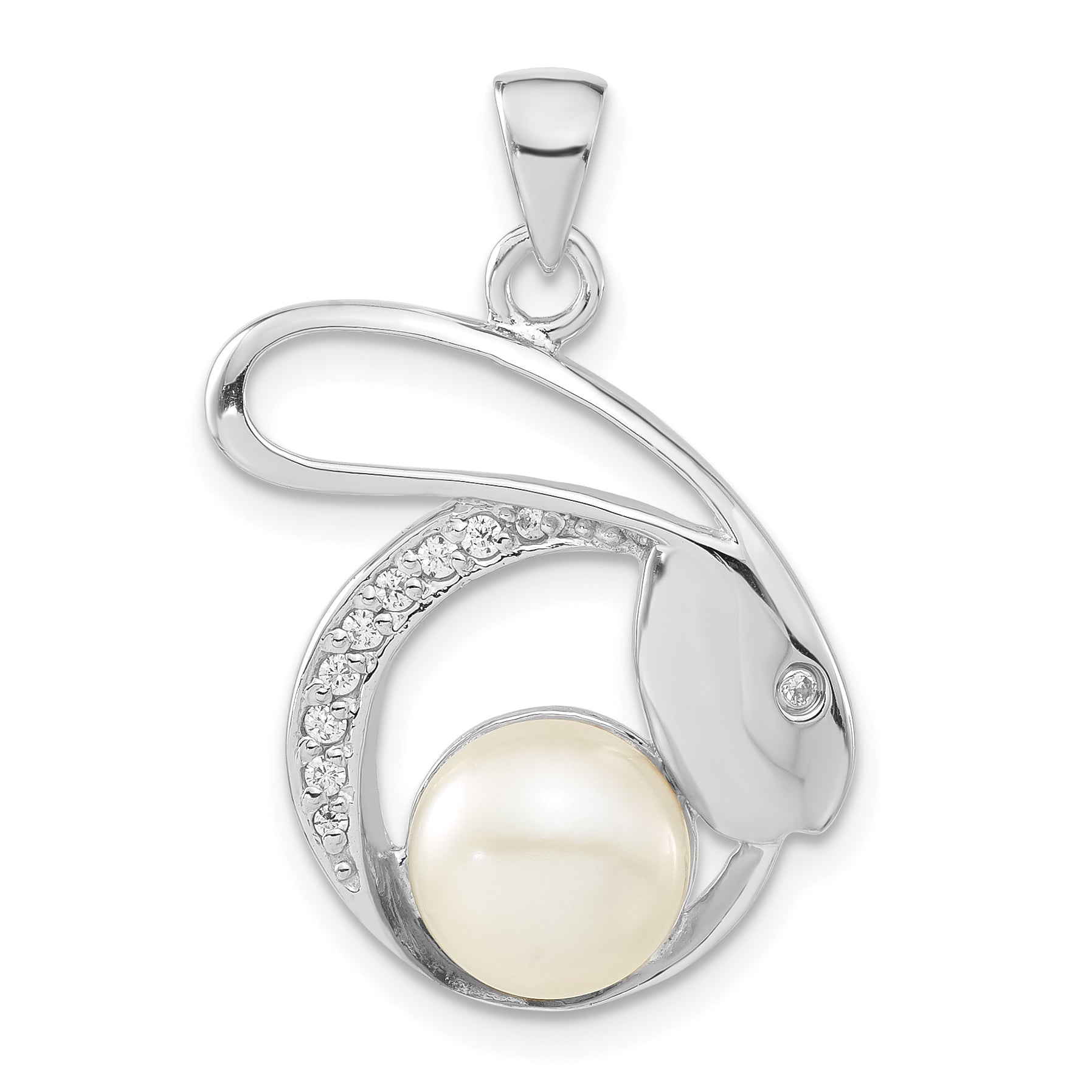 Sterling Silver Polished Cz & 8-9mm Fw Cultured Pearl Rabbit Pendant