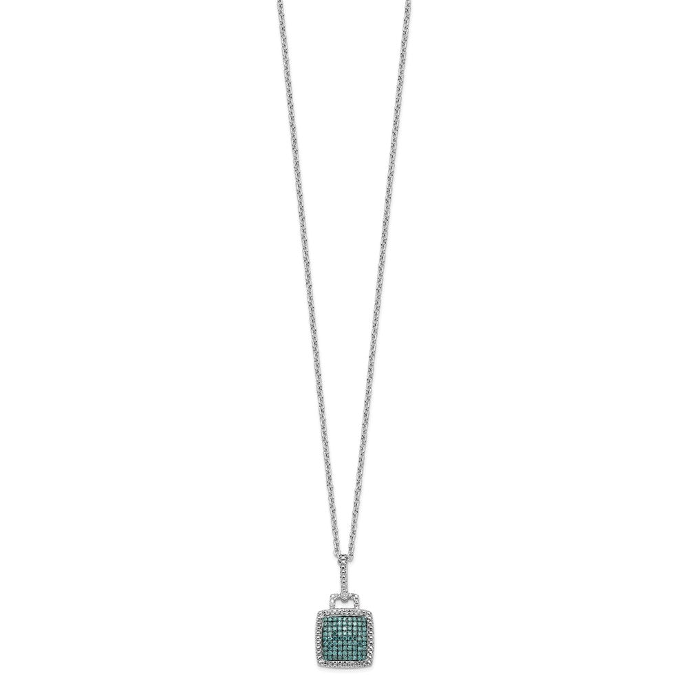 Sterling Silver White Night Rhodium-Plated Blue Diamond Square Pendant 18 Inch Necklace With 2 Extender